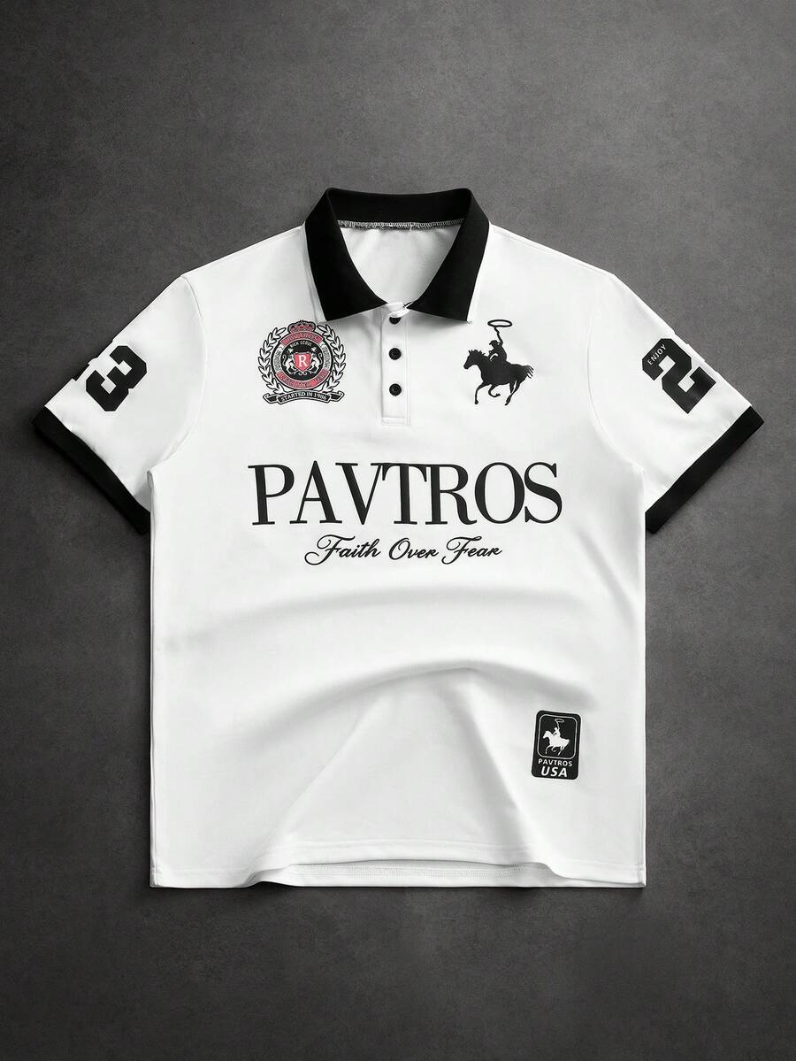 PAVTROS 男士字母印花短袖休閒 Polo 衫 - 白色 - 查看 1