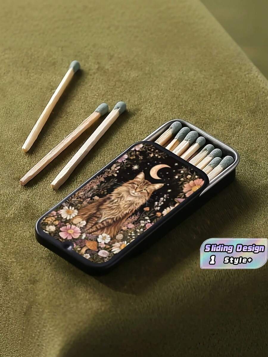 1PC Square Retro Bohemian Style Handmade Distressed Metal Tin Storage Box With Cat Moon Flower Pattern Holds 30 Matches Matches Not Included Windproof Moistureproof For Bedroom Desk Decor Gift Collectors Friends Elders Holiday - Multicolor - View 1