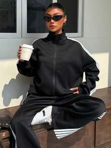 Muchica Women's Autumn/Winter New Black Thermal Lined Webbing Patchwork Loose Open Front Sweatshirt & Sweatpants Set For Going Out, Streetwear, Y2K - Black - View 3