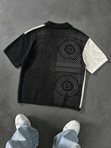 Manfinity LEGND Men's Plus Size Single-Breasted Hollow-Out Contrast Color Knit Top - Black and White - View 2