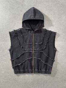 ROMWE MEN Men's Plus Size Frayed Hem Zipper Front Hooded Denim Jacket - Black - View 1