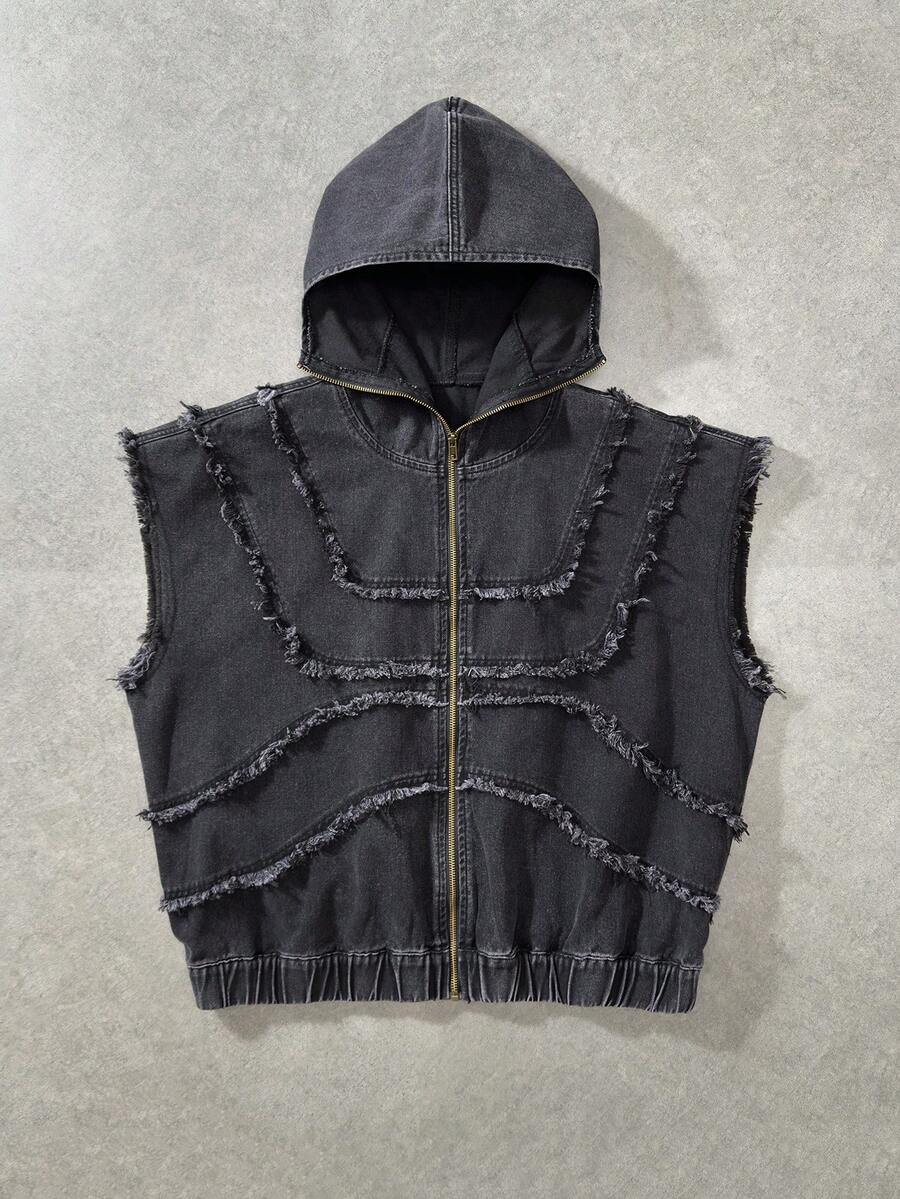 ROMWE MEN Men's Plus Size Frayed Hem Zipper Front Hooded Denim Jacket - Black - View 1