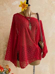 Soleia Long Sleeve Asymmetrical Shoulder Knit Jacquard Loose Fit Split Hem Top - Red - View 6