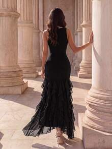 Coutiva Women's Sexy Rhinestone 3D Floral Decor Ruffle Hem Dress - Black - View 2