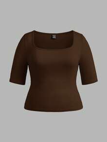 SHEIN BASICS 3pcs Casual Solid Color Knit Square Neck Short Sleeve Slim Fit Plus Size T-Shirts - Multicolor - View 6