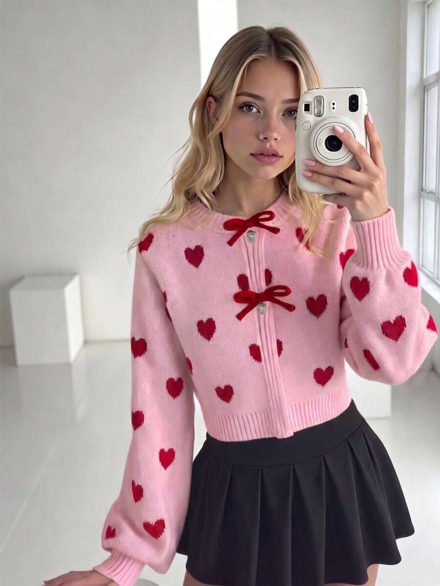 SHEIN 青少年女孩愛心圖案針織長袖毛衣，附手工蝴蝶結 - 粉色 - 查看 1