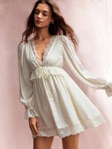 Willow Rêve Women's Cream White Embroidered Trim Deep V-Neck Drawstring Waist Puff Long Sleeve Chiffon Mini Dress Vacation Autumn Cottagecore Romantic - Cream - View 5