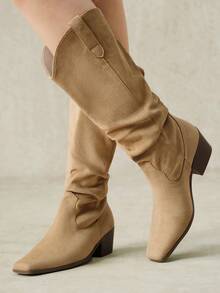 Styleloop 2026 New Thick Heel High Tube Elastic Slip-On Women's Boots Fashionable Natural Wrinkled Western Boots Fall Shoes - Apricot - View 7
