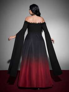 Whyspr Elegant Off Shoulder Gradient Lace Trim Patchwork Plus Size Dress, Dark Style Halloween Outfit, Elegant Gradient Color Dress Halloween Goth Fall - Black - View 2