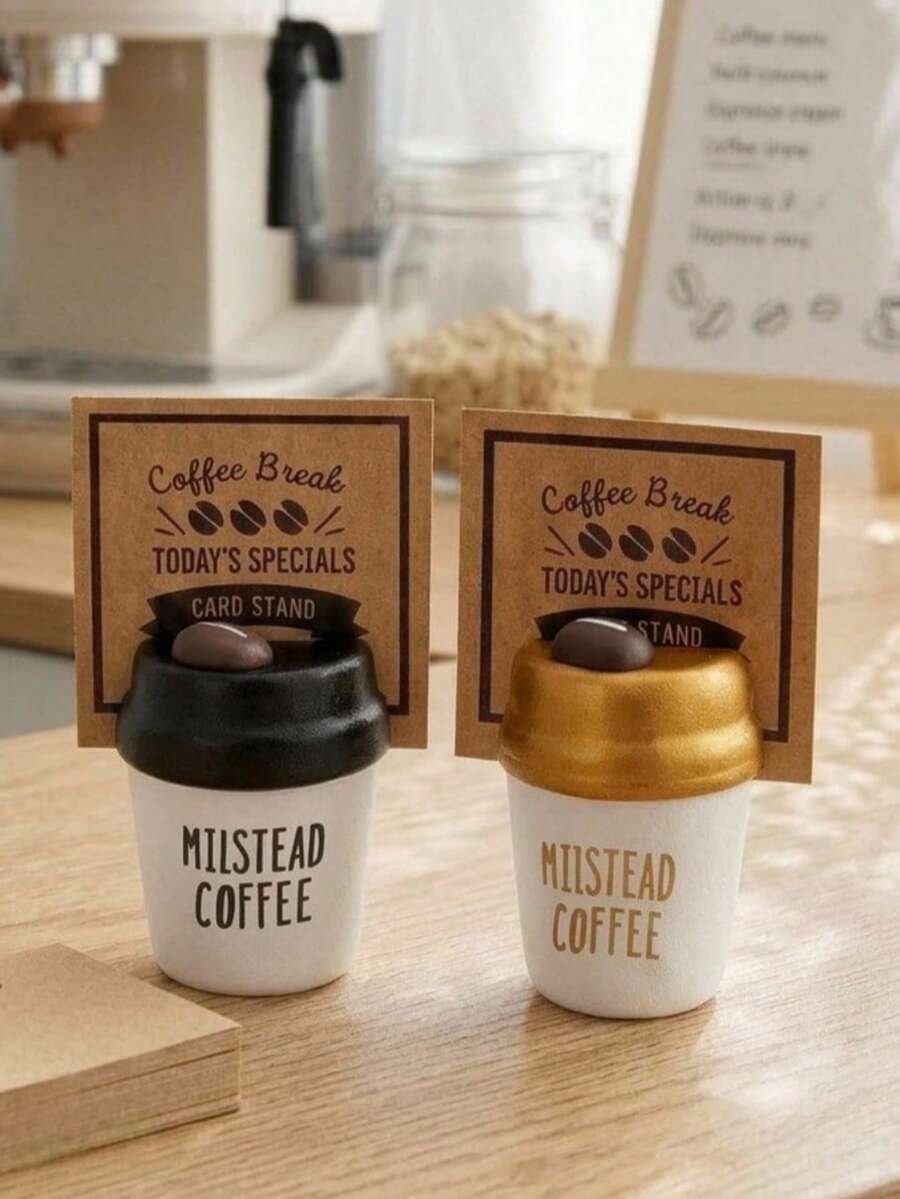 Haus Hana 1pc/2pcs Coffee Cup Wooden Memo Holder, Desktop Photo Clips, Business Card Stand, Note Clamp For Desk, Office, Home, Kitchen, Vintage Farmhouse Decor, Gift For Office Workers - Multicolor - View 1