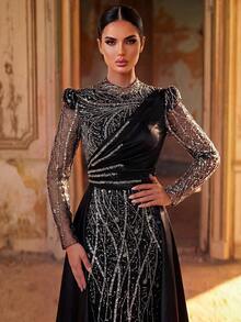Aureia Elegant Formal Queen Luxurious Beaded Bubble Embroidery Sequin Patchwork Satin Sheer Sleeve Mermaid Skirt Conservative Wedding Party Evening Black - Black - View 5
