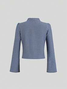 Sweetra Spring/Autumn New Long Sleeve Bell Sleeve Plaid Jacket, Fashionable And Minimalist, Suitable For Daily Wear And Commuting - Blue - View 2
