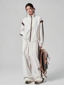 DAZY Spring/Autumn Korean Style Stand Collar Long Sleeve Color Block Striped Patchwork Motorcycle Jacket Straight Leg Pants Outdoor Casual Streetwear Women's Sports Set - Beige - View 3