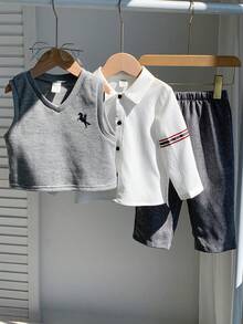 3pcs/Set Baby Boy Autumn/Winter Preppy Casual Vest Shirt Pants Set, 3 Pieces Outfit, Infant Outfit, Jacket Set, Shirt Set - Multicolor - View 3