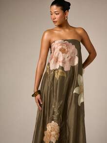 AiiRZ Strapless Maxi Dress With Large Scale Floral Embroidery On Satin A-Line Silhouette For Evening And Special Occasions - Army Green - View 4