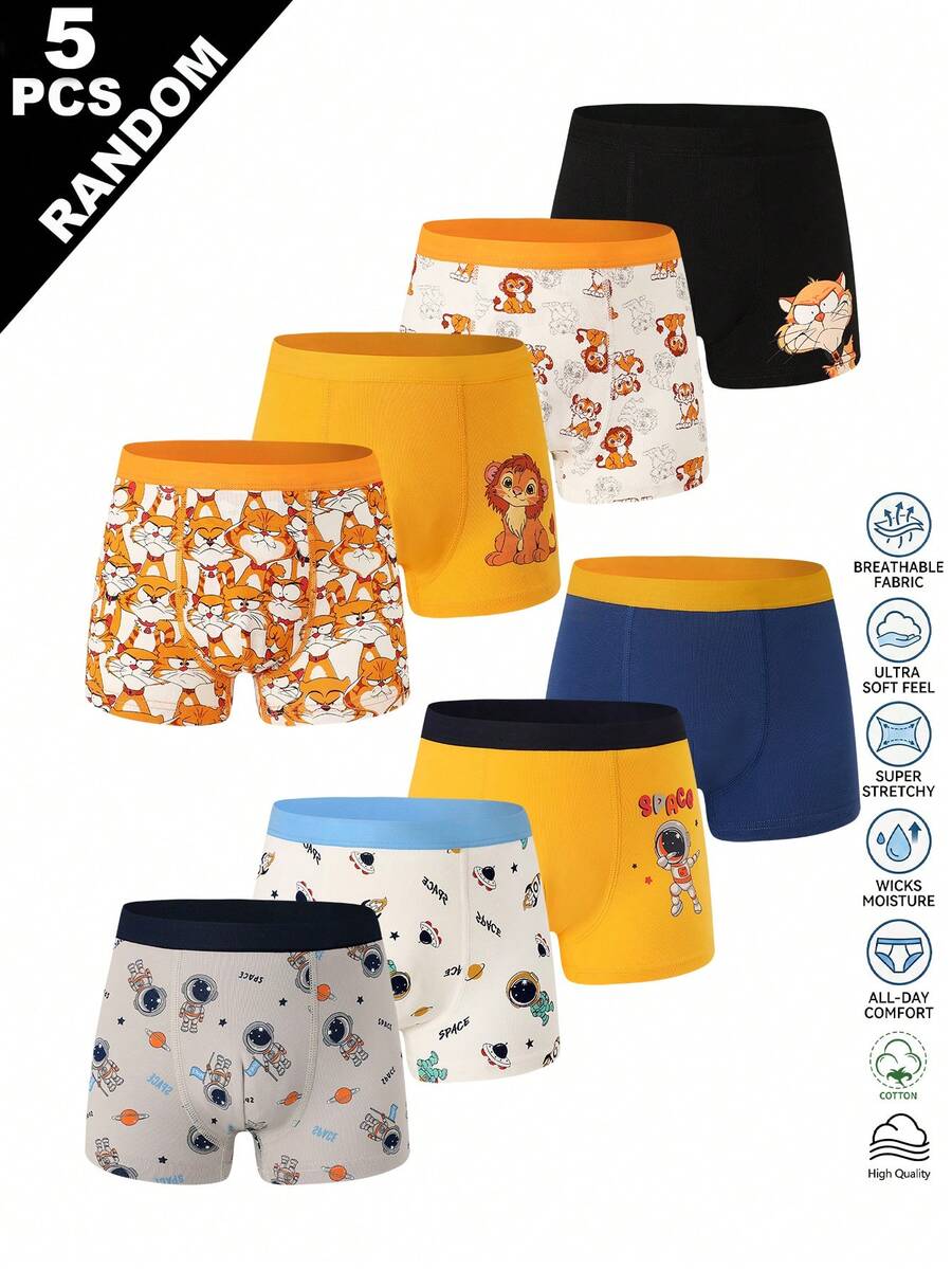 SHEIN Random 5pcs Cartoon Lion & Space Astronaut Print Comfortable Soft Square Leg Briefs For Young Boys - Multicolor - View 1