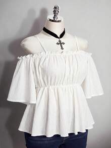 SHEIN ICON Top Babydoll de Talla Grande unicolor con Hombros Descubiertos y Tirantes de Espagueti - Blanco - Ver 6