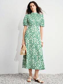 Aveloria Modichic Vestido de mujer de cintura estrecha, línea A, cuello alto, plisado vertical, mangas abullonadas, elegante, francés, tropical, romántico, vintage, dulce, blanco con estampado floral de hojas verdes - Verde - Ver 4