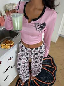 ZzzCrew Pink Ice Silk Ribbed Women's Pajama Set With Small V-Neck, Contrast Lace, Silk Lace Pumpkin Design - Pink - View 2