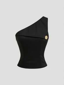 Sweetra New Office Commute Design Asymmetric Shoulder Fitted Top With Metal Buckle Decor And High Waist Wide Leg Pants 2 Pieces Set, Slimming Old Money Style Professional Outfit - Black - View 3