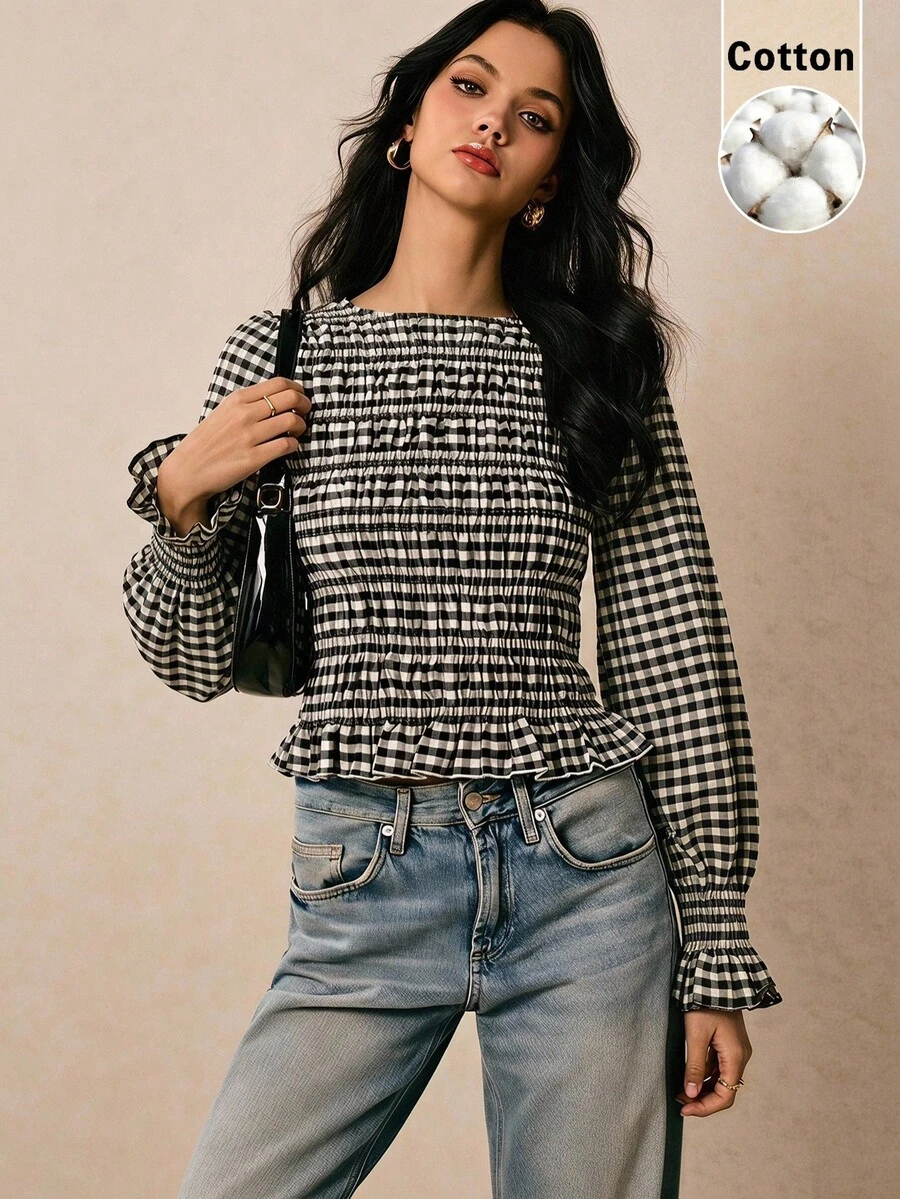 Poéselle Women Yarn Dyed Gingham Smocked Peplum Top Boat Neck Flare Cuff Long Sleeve Plaid Blouse Autumn Back To School Brunch Black And White Checkered