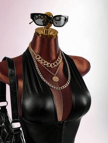 Amplova 女款 PU 皮革深 V 領掛脖上衣與側面抽繩裙時尚性感兩件套 - 黑色 - 查看 6