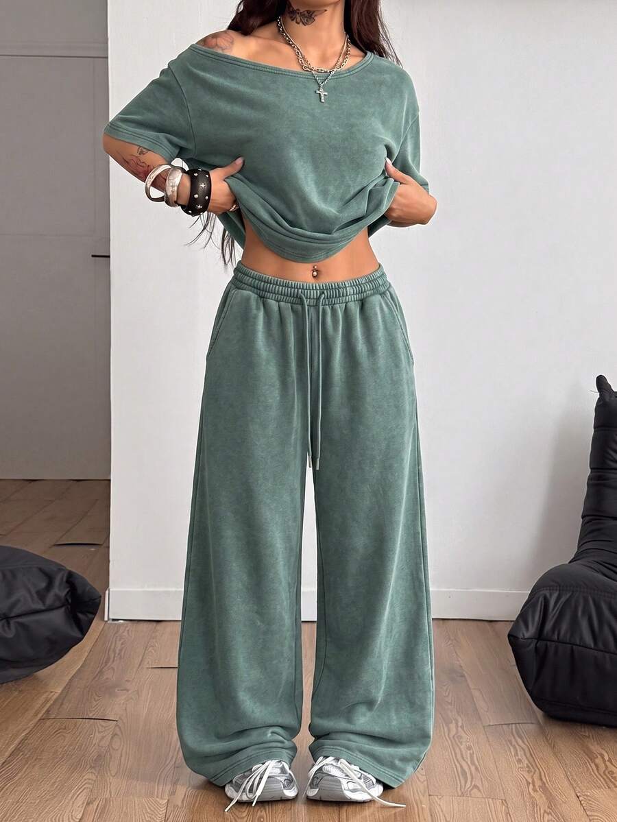 Coolane Women's Solid Color Asymmetrical Neck Short Sleeve Top And Drawstring Waist Pocket Pants 2 Pieces Set - Green - View 1
