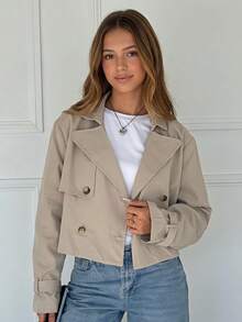 SHEIN Teen Girls Autumn/Winter Casual Classic Military Style Double-Breasted Lapel Trench Coat, Youth Fashion Outfit, Suitable For Back To School, Daily Wear, Khaki Back To School Jacket - Khaki - View 4