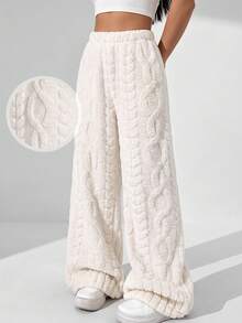 SHEIN Celana Panjang Jacquard Bertekstur Lembut untuk Anak Perempuan Remaja Musim Gugur/Dingin, Kasual Sehari-hari - Putih - View 2