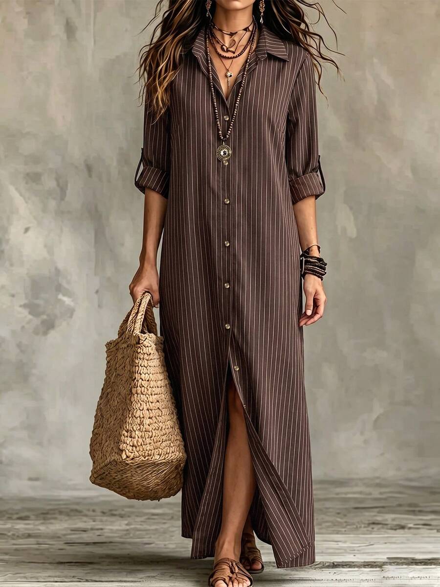 Linhara CURVE Plus Size Woven Printed Summer Women's Dress For Vacation - Coffee Brown - View 1