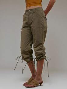 MUSERA Khaki Utility Ruched Leg Tie Capri Pant Summer Autumn Everyday Date Night Holiday Vacation Dazed - Olive Green - View 4