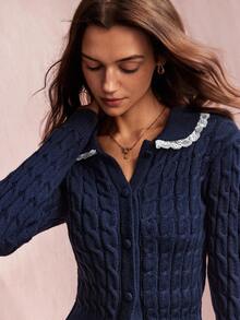 Willow Rêve Women's Navy Blue Cable-Knit Cropped Cardigan With White Lace-Trim Collar, Button Front And Long Sleeves, Preppy Boho Autumn School Style,Cardigan - Blue - View 6