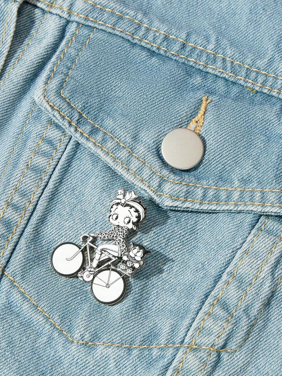 Betty Boop x SHEIN A New Creative Cartoon Pattern Printing Brooch, IP Joint Design, Lovely Personalized, Simple And Generous, Can Also Be Used As Accessories - Black and White - View 1