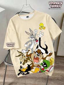 LOONEY TUNES X SHEIN Daypath 男士卡通印花圓領短袖休閒街頭風T恤 米色 夏季度假款 - 杏色 - 查看 5