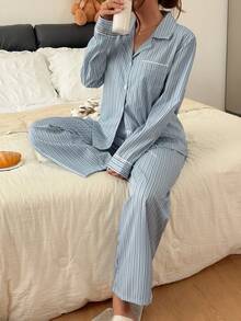 Napfluff Set Pakaian Santai Lengan Panjang Berkerah dengan Hiasan Renda Garis-Garis Halus Biru & Putih Segar - Dusty Blue - View 6