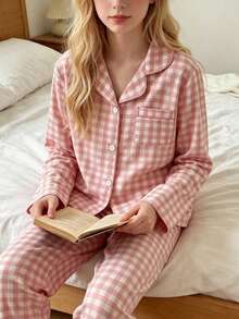 School Girl Pajamas, Pink Classic Plaid Print Long Pants And Long Sleeve Button-Up Top, Casual 2 Pieces Loungewear Set For Tween Girls - Pink - View 6