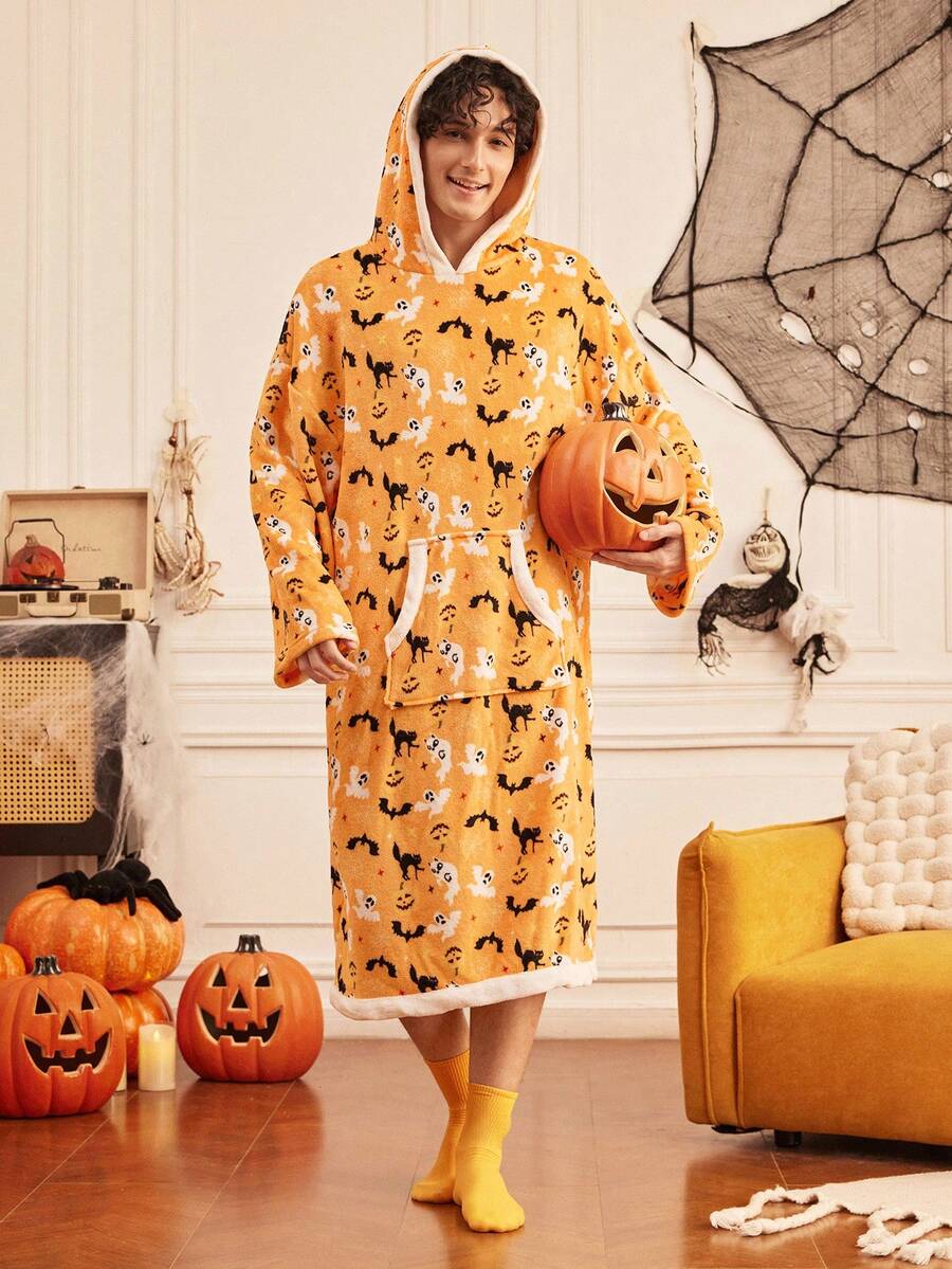 Provexi Provexi Halloween Pumpkin Ghost Hooded Flannel Loose Long Robe Loungewear For Men - Multicolor - View 1