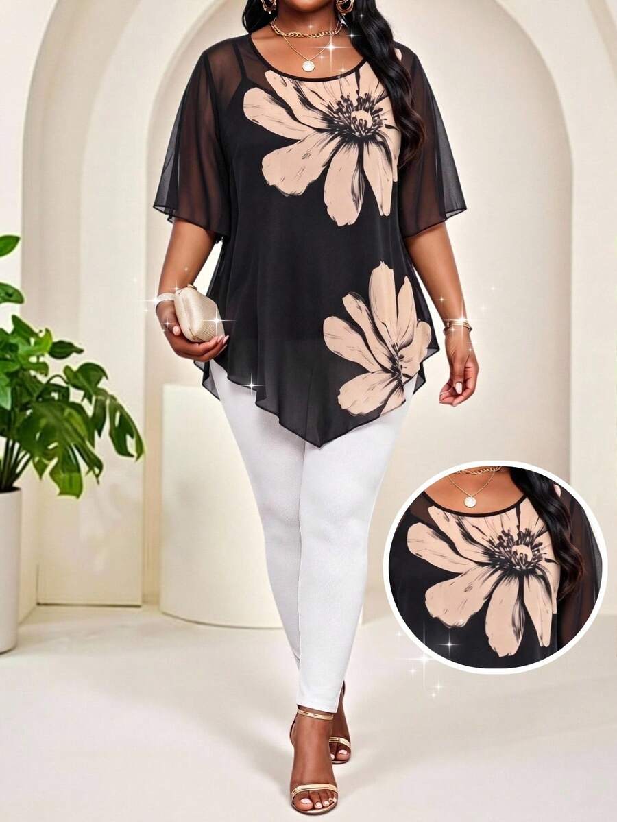 SHEIN Lady CURVE Plus Size Elegant Traditional Commuter Formal Birthday Black Blouse Summer - Multicolor - View 1