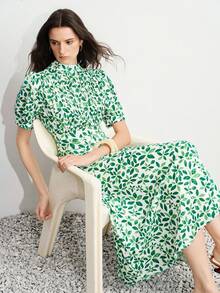 Aveloria Modichic Vestido de mujer de cintura estrecha, línea A, cuello alto, plisado vertical, mangas abullonadas, elegante, francés, tropical, romántico, vintage, dulce, blanco con estampado floral de hojas verdes - Verde - Ver 6