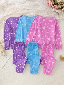 Random 1 Set Girls' Slim Fit Fluorescent Glow-In-The-Dark Little Princess Star Print Long Sleeve Long Pants Pajama Set Homewear - Multicolor - View 2