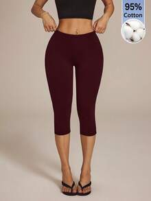 SHEIN PETITE 女款 95% 棉 Caprileggings 七分緊身褲 - 酒紅色 - 查看 9