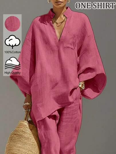 SHEIN Top Feminina Cáqui com Decote em V com Entalhe, Gola Pequena em Pé, Punho Largo, Ombro Caído, Manga 3/4, 100% Algodão, Adequada para Uso Diário, Festa Glamorosa, Dia dos Namorados, Top Casual Feminino, Top Cáqui, Roupa de Férias Feminina, Roupa de Férias na Praia Feminina, Roupa de Férias de Verão, Roupa de Trabalho Feminina, Top de Verão, Roupa de Primavera Feminina, Top de Camada Interna, Roupa de Verão, Top Elegante Feminino, Top de Trabalho Feminino, Roupa de Escritório Feminina, Top Social/Top de Trabalho, Roupa de Escritório Feminina