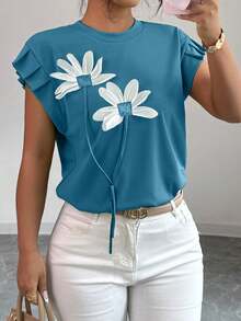 Elenzga Camiseta de mujer con flores tridimensionales lindas y contrastantes para verano y otoño - Agua verde azul - Ver 5