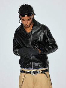 Modcrash Men's Long Sleeve Casual Solid Color Faux Leather Jacket, Autumn/Winter, Grunge Fall/Autumn/Winter - Black - View 2