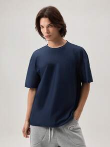 Vaulklash Men's Casual Letter Print Loose Drop Shoulder T-Shirt, Summer - Navy Blue - View 4