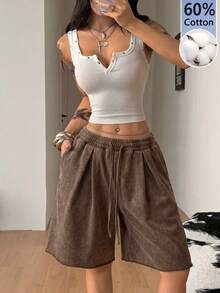 Coolane Women's Summer Streetwear Casual Sportswear Gym Drawstring Waist Athleisure Versatile Daily Wear Acid Washed Cotton Brown Shorts - Brown - View 3