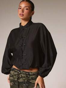 Athîral Women's Casual Elegant Stand Collar Black Solid Color New Chinese Style Oriental Long Sleeve Loose Fit Jacket Dating Dinner Everyday Autumn - Black - View 1
