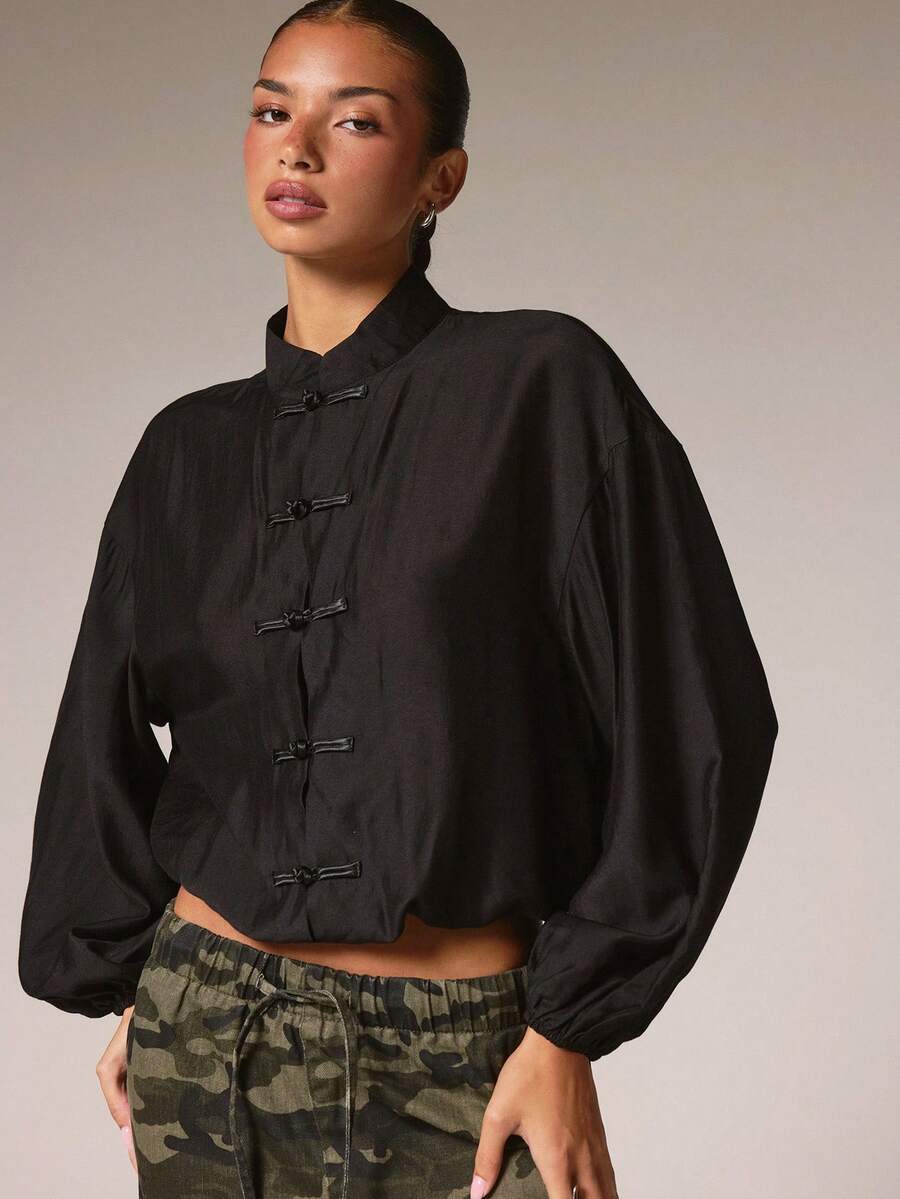 Athîral Women's Casual Elegant Stand Collar Black Solid Color New Chinese Style Oriental Long Sleeve Loose Fit Jacket Dating Dinner Everyday Autumn - Black - View 1