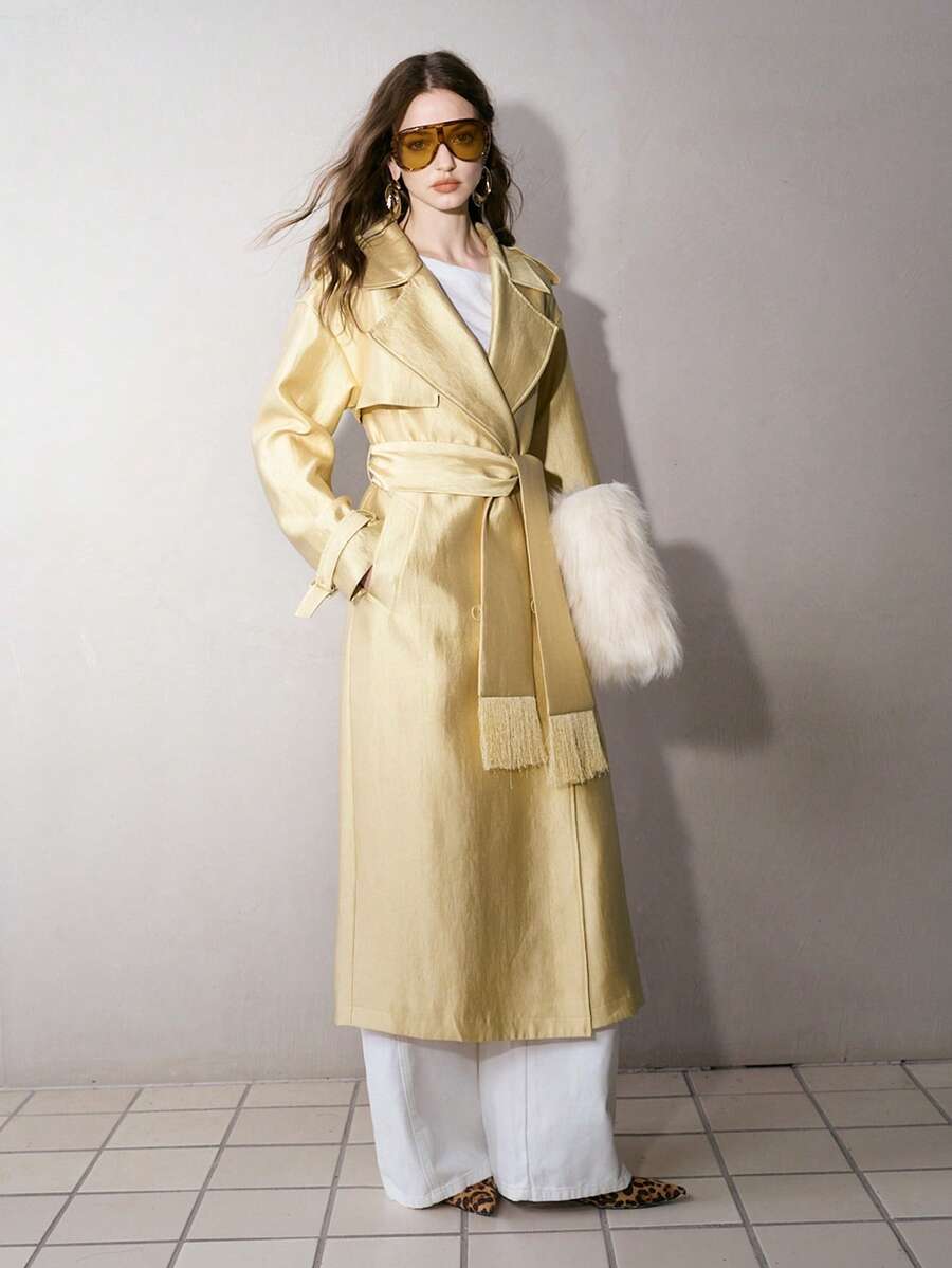 MOTF PREMIUM WOMEN'S AUTUMN/WINTER LONG TRENCH COAT WITH LARGE LAPEL, BELT AND TASSEL - Yellow - View 2