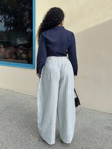 Alexandranx 海軍藍女款襯衫，春季翻領露肩前開單排扣設計，優雅簡約休閒通勤約會日常度假日畢業季音樂節顯瘦百搭高級感夏季社交假日派對出遊海灘辦公室法式復古清新 - 藏蓝色 - 查看 3